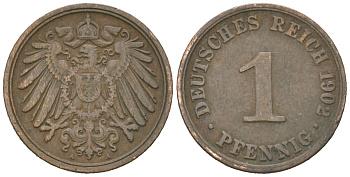 Германия 1 пфенниг 1902 A, Вильгельм II (1888-1918) KM 10, J. 10 медь 4615-715