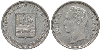 Венесуэла 50 сентимо 1965 Симон Боливар KM 41, Schon 51 никель 4596-434