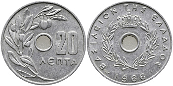 Греция 20 лепта 1966 Константин II (1964-1974), оливковая ветвь KM 79 алюминий 24-1256