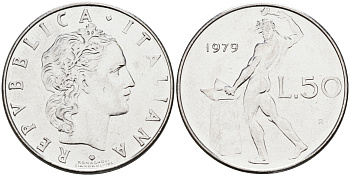 Италия 50 лир 1979 R, бог огня Вулкан у наковальни KM 95.1 нержавеющая сталь 4116-353