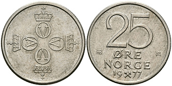 Норвегия 25 эре 1977 Улаф V (1958-1991) KM 417 медно-никель 84-1565