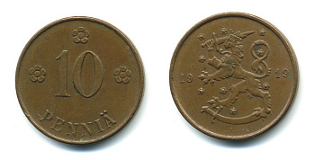 Финляндия 10 пенни 1919 KM 24 медь 41-232