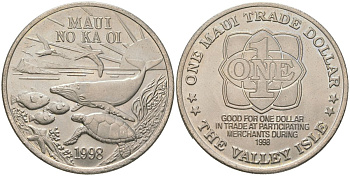 Остров Мауи (Гавайские острова) 1 доллар 1998 торговый доллар, Дельфины медно-никель UNC 4558-415