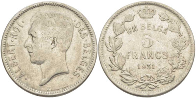 БЕЛЬГИЯ 5 ФРАНКОВ 1931 АЛЬБЕРТ I, DES BELGES KM 97.1 никель 3851-144