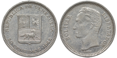 Венесуэла 50 сентимо 1965 Симон Боливар KM 41, Schon 51 никель 4596-434