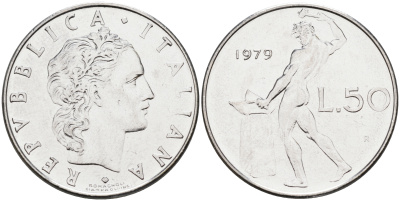 Италия 50 лир 1979 R, бог огня Вулкан у наковальни KM 95.1 нержавеющая сталь 4116-353