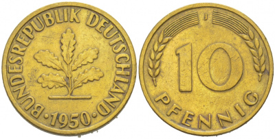 ФРГ 10 ПФЕННИГОВ 1950 J KM 108, J.383 сталь плакированная латунью 77-955