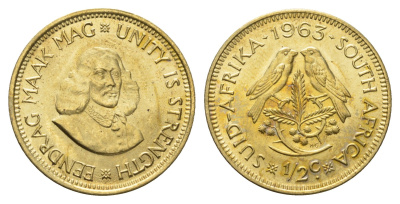 ЮАР 1/2 цента 1963 Ян ван Рибек KM 56 латунь UNC 4693-516