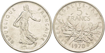 ФРАНЦИЯ 5 ФРАНКОВ 1970 СЕЯТЕЛЬ KM 926a.1, LE FRANC 341.2 медно-никель плакированный никелем 4545-924