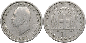 Греция 1 драхма 1957 Павел I (1947-1964) KM 81 медно-никель 4171-812