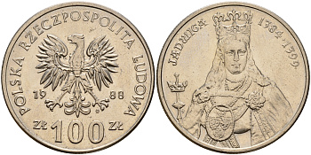 Польша 100 злотых 1988 MW, серия Польские правители, королева Ядвига (1384-1399) KM 183 медно-никель 4157-824