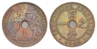 Французский Индокитай 1 сантим (цент) 1902 A KM 8 бронза 1526-1123