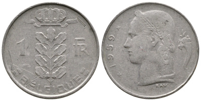 Бельгия 1 франк 1959 Belgique KM 142.1 медно-никель 259-757