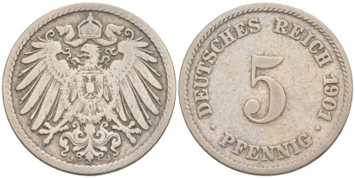 ГЕРМАНИЯ 5 ПФЕННИГОВ 1901 J, KM 11, J. 12 медно-никель 73-666