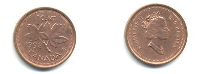 КАНАДА 1 ЦЕНТ 1998 ЕЛИЗАВЕТА II, КЛЕНОВЫЙ ЛИСТ KM 289 сталь плакированная медью 177-1444
