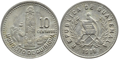 Гватемала 10 сентаво 1988 монолиты Киригуа KM 277.5 медно-никель 00-00