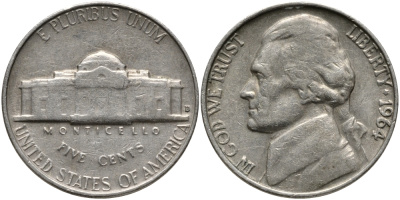 США 5 центов 1964 D, Джефферсон KM А192 медно-никель 4390-651