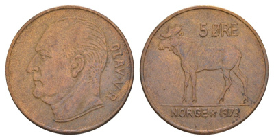 Норвегия 5 эре 1973 Улаф V (1957-1991) KM 405 бронза 4635-623