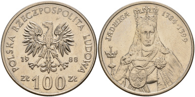 Польша 100 злотых 1988 MW, серия Польские правители, королева Ядвига (1384-1399) KM 183 медно-никель 4157-824