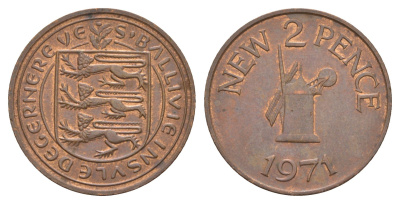 Гернси 2 новых пенса 1971 Елизавета II (1952-2022), ветряная мельница KM 22 бронза 4656-1053