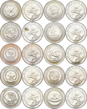 США набор из 10 медалей 1983-1986 запуски шаттлов, космический центр Кеннеди, в оригинальной коробке вес 31,1, проба 999 (10 унций) серебро UNC 14-01-04-03