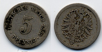 ГЕРМАНИЯ 5 ПФЕННИГОВ 1889 A, СТАРОГЕРБОВКА KM 3, J.3 медно-никель 51-5046