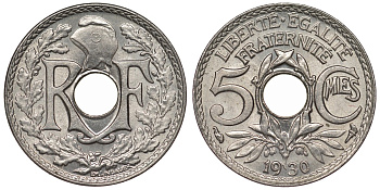 Франция 5 сантимов 1930 KM 875, Le Franc 122.13 медно-никель 4124-326