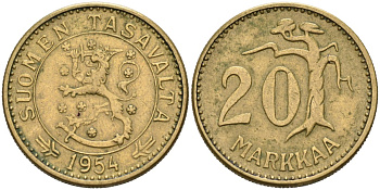ФИНЛЯНДИЯ 20 МАРОК 1954 H KM 39 алюминиевая бронза 4563-246