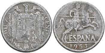 Испания 10 сентимо 1953 Франсиско Франко (1939-1975) KM 766 алюминий 4171-1032