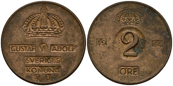 Швеция 2 эре 1964 Густав VI Адольф (1950-1973) KM 821 бронза 4154-741