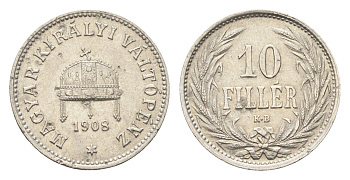 Венгрия 10 филлеров 1908 KB, Франц Иосиф I (1848-1916) KM 482 никель aUNC 4665-719