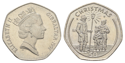 Гибралтар 50 пенсов 1991 Рождество KM 83 медно-никель UNC 1524-2024