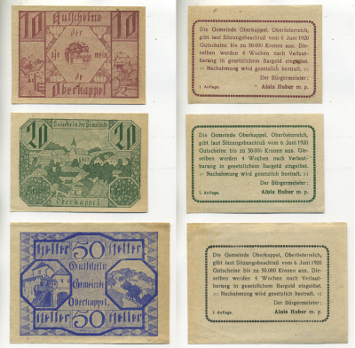 АВСТРИЯ НАБОР ИЗ 3 БАНКНОТ 1920 6 ИЮНЯ 1920, НОТГЕЛЬД, 10, 20, 50 ГЕЛЛЕРОВ, OBERKAPPEL, ПЕРВЫЙ ВЫПУСК бумага XF 6278-66-1