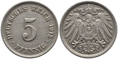 Германия 5 пфеннигов 1915 J KM 11, Jager 12, Weege 6 медно-никель 4547-549