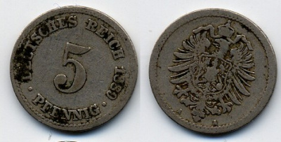 ГЕРМАНИЯ 5 ПФЕННИГОВ 1889 A, СТАРОГЕРБОВКА KM 3, J.3 медно-никель 51-5046