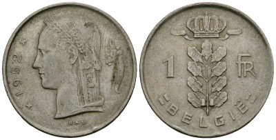Бельгия 1 франк 1952 Belgie, Бодуэн I (1951-1993) KM 143.1 медно-никель 4172-537