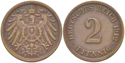 Германия 2 пфеннига 1912 E KM 16, J. 11, Weege 4 медь 206-621