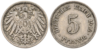 Германия 5 пфеннигов 1913 E, KM 11, J. 12 медно-никель 220-646