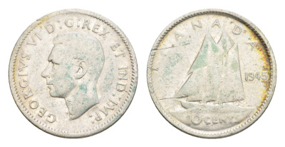 Канада 10 центов 1945 Георг VI (1937-1952), парусник KM 34 серебро 4639-548