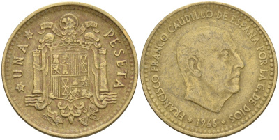 Испания 1 песета 1966 (68) Франсиско Франко (1939-1975) KM 796 алюминиевая бронза 4604-345