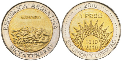Аргентина 1 песо 2010 200 лет Аргентине - вулкан Аконкагуа KM 157 биметалл UNC 4620-634