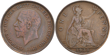 Великобритания 1 пенни 1935 Георг V (1910-1936) КМ 838, Spink 4055 бронза 4557-1014