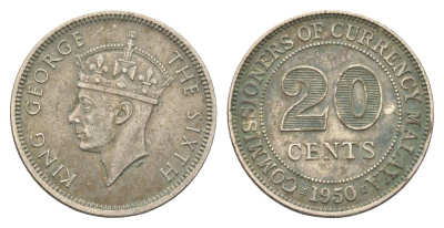 Малайя 20 центов 1950 Елизавета II (1952-2022) KM 9 медно-никель 4662-434