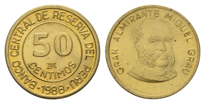 Перу 50 сентимо 1988 Мигель Грау Семинарио KM 295 латунь UNC 3334-534