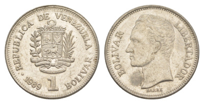 Венесуэла 1 боливар 1989 Симон Боливар, тонкий шрифт Y 52a.1 сталь плакированная никелем 4589-1134