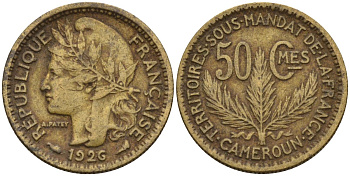 Камерун 50 сантимов 1926 (a), мондвор Париж KM 1 алюминиевая бронза 4164-1256
