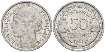 ФРАНЦИЯ 50 САНТИМОВ 1941 ТИП MORLON LOURDE KM 894.1a, LE FRANC 193.2 алюминий 44-317