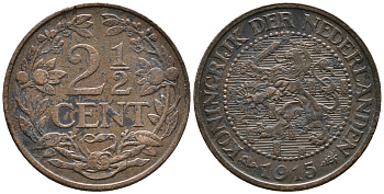 НИДЕРЛАНДЫ 2 1/2 ЦЕНТА 1915 ВИЛЬГЕЛЬМИНА KM 150 бронза 34-834
