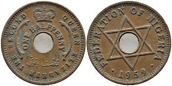 Нигерия 1/2 пенни 1959 Елизавета II (1952-), Британский протекторат KM 1 бронза 4387-359