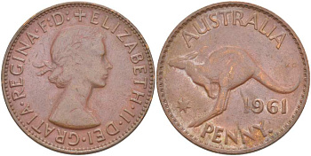 Австралия 1 пенни 1961 p, Елизавета II (1952-2022), кенгуру KM 56 бронза 4512-1215
